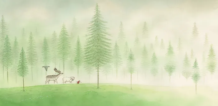 Deer and rabbits near pine trees in a foggy forest
