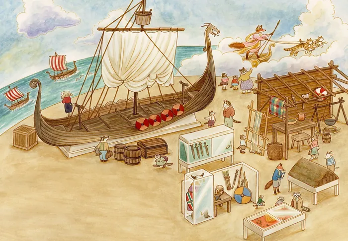Vikings building a wooden longship on the beach with tools and materials