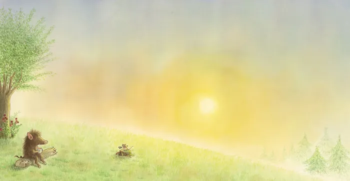 Bear cub playing an instrument on grassy hill under bright sky