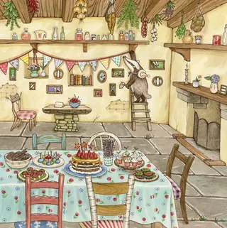 Rustic room with decorated table and rabbit on stool reaching for shelf