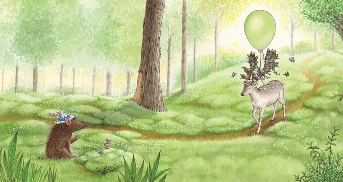 Bear, deer with green balloon, and bird in a lush forest