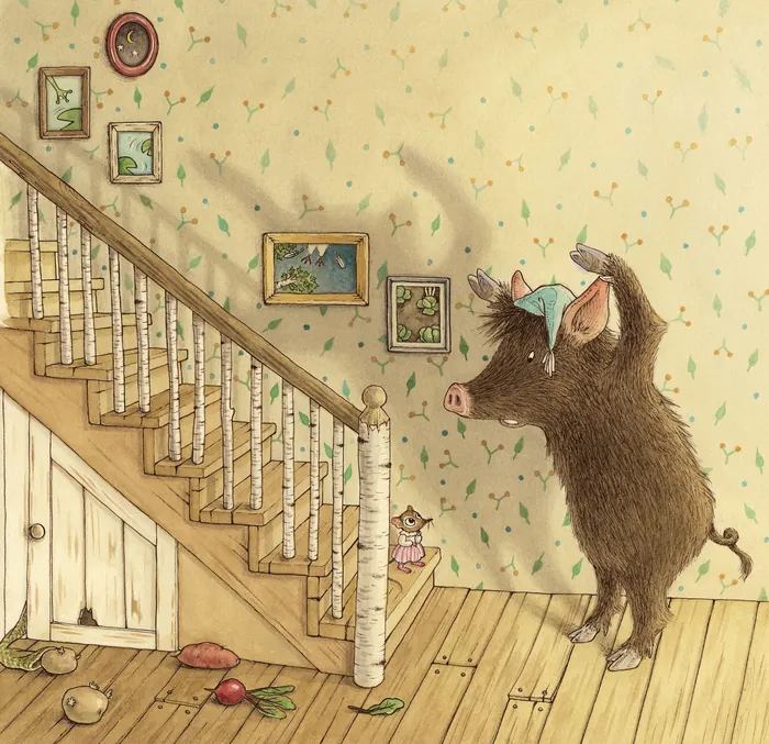 Bear wearing blue hat dancing near wooden staircase with framed pictures
