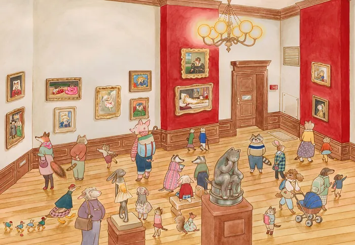 Anthropomorphic animals viewing art in a gallery with paintings and sculptures.