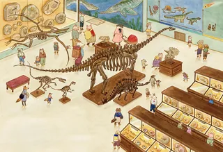 Children observing dinosaur skeletons in a natural history museum