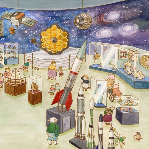 Museum exhibit with rockets, satellites, and animals observing space artifacts