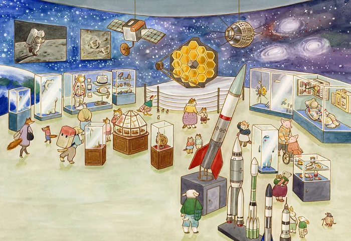 Museum exhibit with rockets, satellites, and animals observing space artifacts