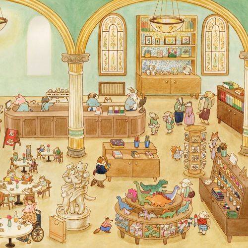 Illustration of animals in a bakery eating and shopping