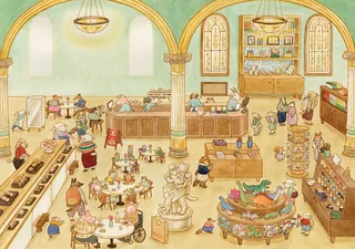 Illustration of animals in a bakery eating and shopping
