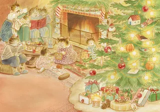 Children and cats by Christmas tree and fireplace with gifts