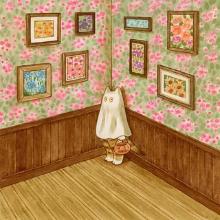 Child in ghost costume in corner with floral wallpaper and framed flower art