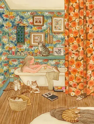 Girl in bathtub with multiple cats in a colorful bathroom