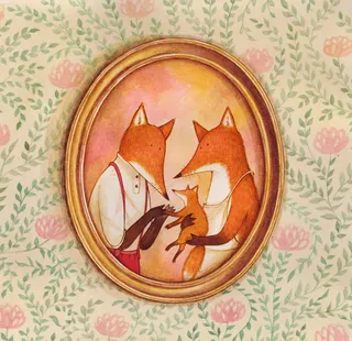 Fox family portrait watercolor painting in vintage oval frame