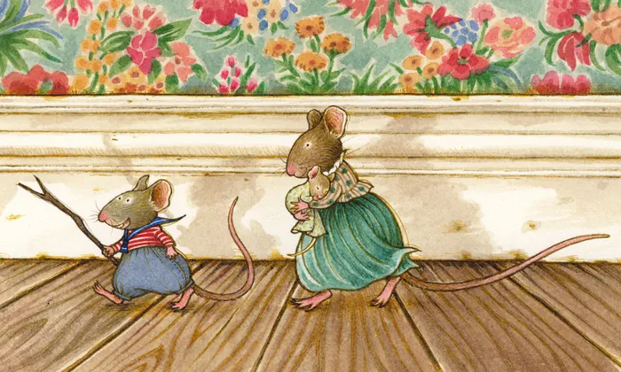 Two mice walking on wooden floor, one holding a baby mouse.