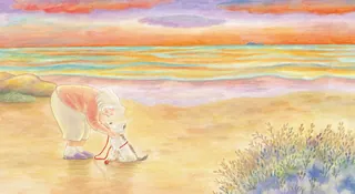 Elderly person and child drawing on sandy beach with colorful sky