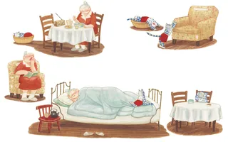 Elderly woman knitting in bed, chair, and at a table in cozy rooms
