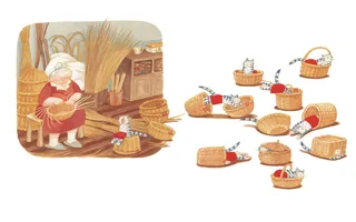 Woman weaving baskets while playful cats hide inside baskets