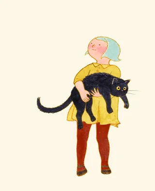 Person with blue hair holding a large black cat