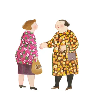 Two elderly women in floral dresses talking and holding bags