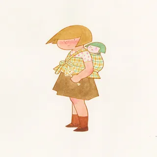 Girl with short hair carrying a small child in a plaid outfit on her back