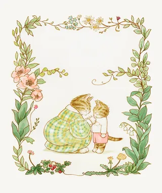 Two cats showing affection surrounded by decorative flowers and leaves