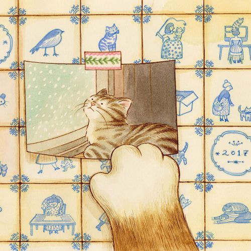 Cat paw holding photo of a cat looking out a window on tiled background