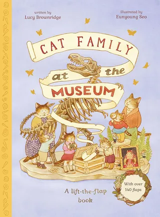 Cat family visiting a museum with dinosaur skeleton and artifacts.
