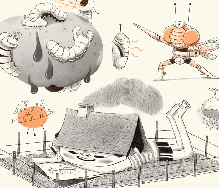 Person lying with a house on head while insect-like creatures float around