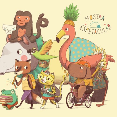 Animais de desenho animado com mochilas e livros caminhando juntos