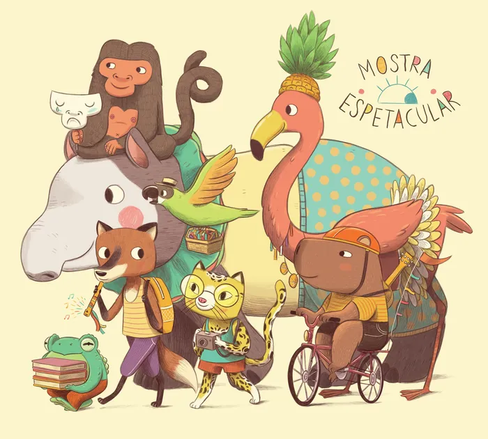 Cartoon animals with backpacks and books walking together