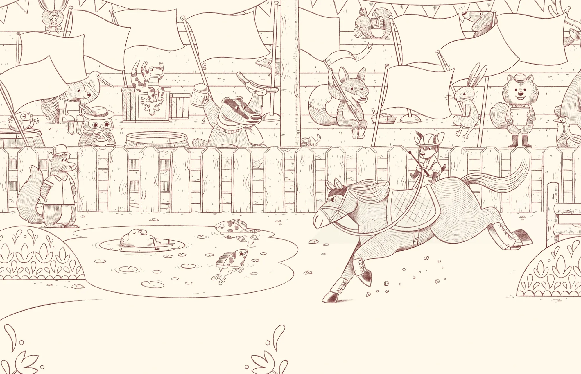 Pen and ink drawing of mouse knight on horse with a castle and other mice