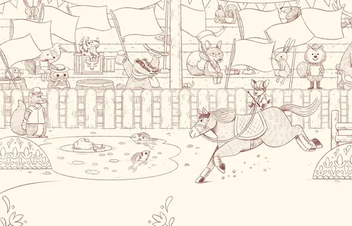 Pen and ink drawing of mouse knight on horse with a castle and other mice