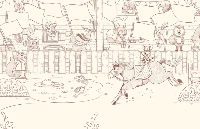 Pen and ink drawing of mouse knight on horse with a castle and other mice