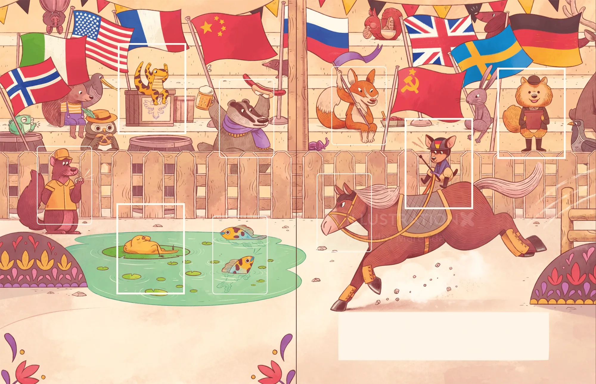 Animals ice skating and jumping in a winter scene with flags