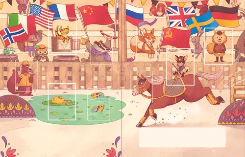 Animals ice skating and jumping in a winter scene with flags