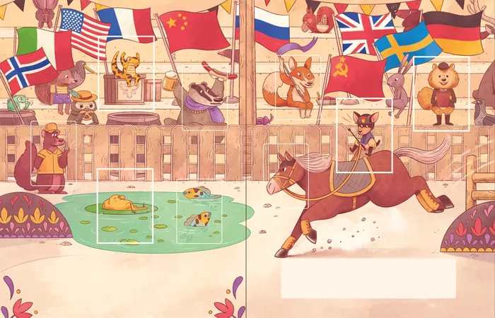 Animals ice skating and jumping in a winter scene with flags