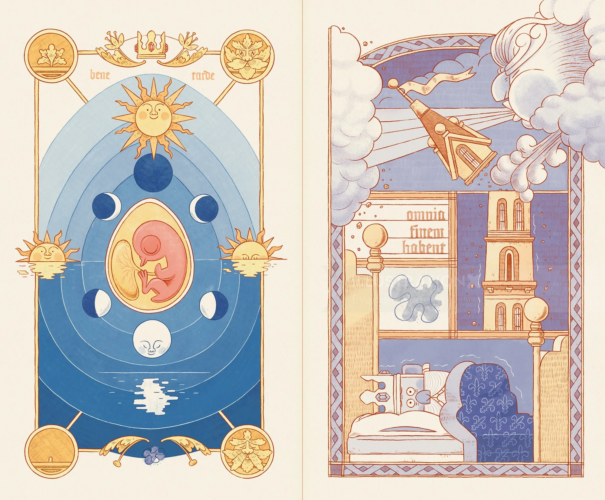 Artistic depiction of fetal development with moon phases and a cozy bedroom illustration