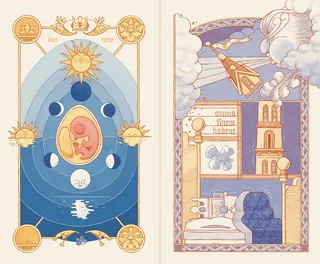 Artistic depiction of fetal development with moon phases and a cozy bedroom illustration