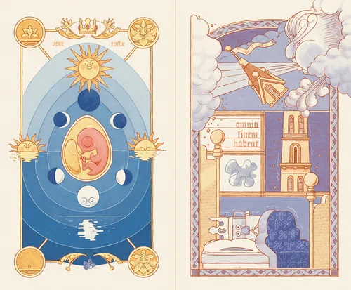 Artistic depiction of fetal development with moon phases and a cozy bedroom illustration