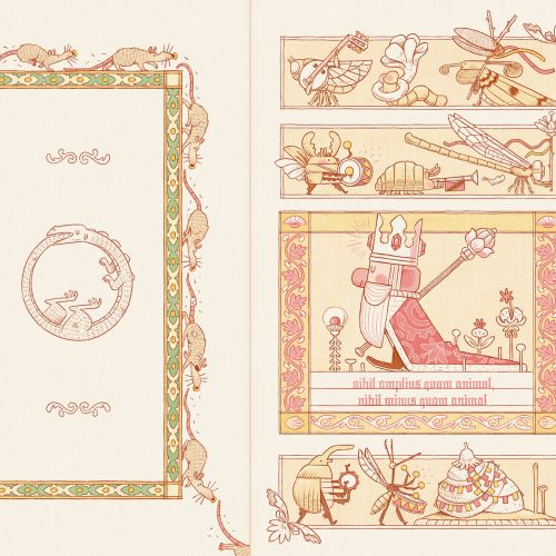 Vintage illustration of insects and a crowned figure holding a scepter