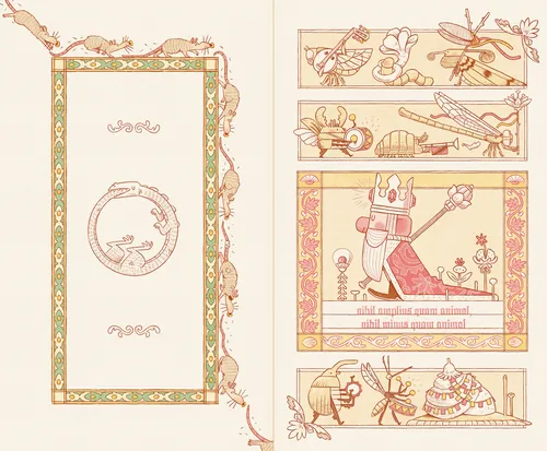 Vintage illustration of insects and a crowned figure holding a scepter