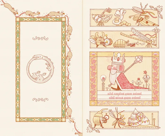 Vintage illustration of insects and a crowned figure holding a scepter