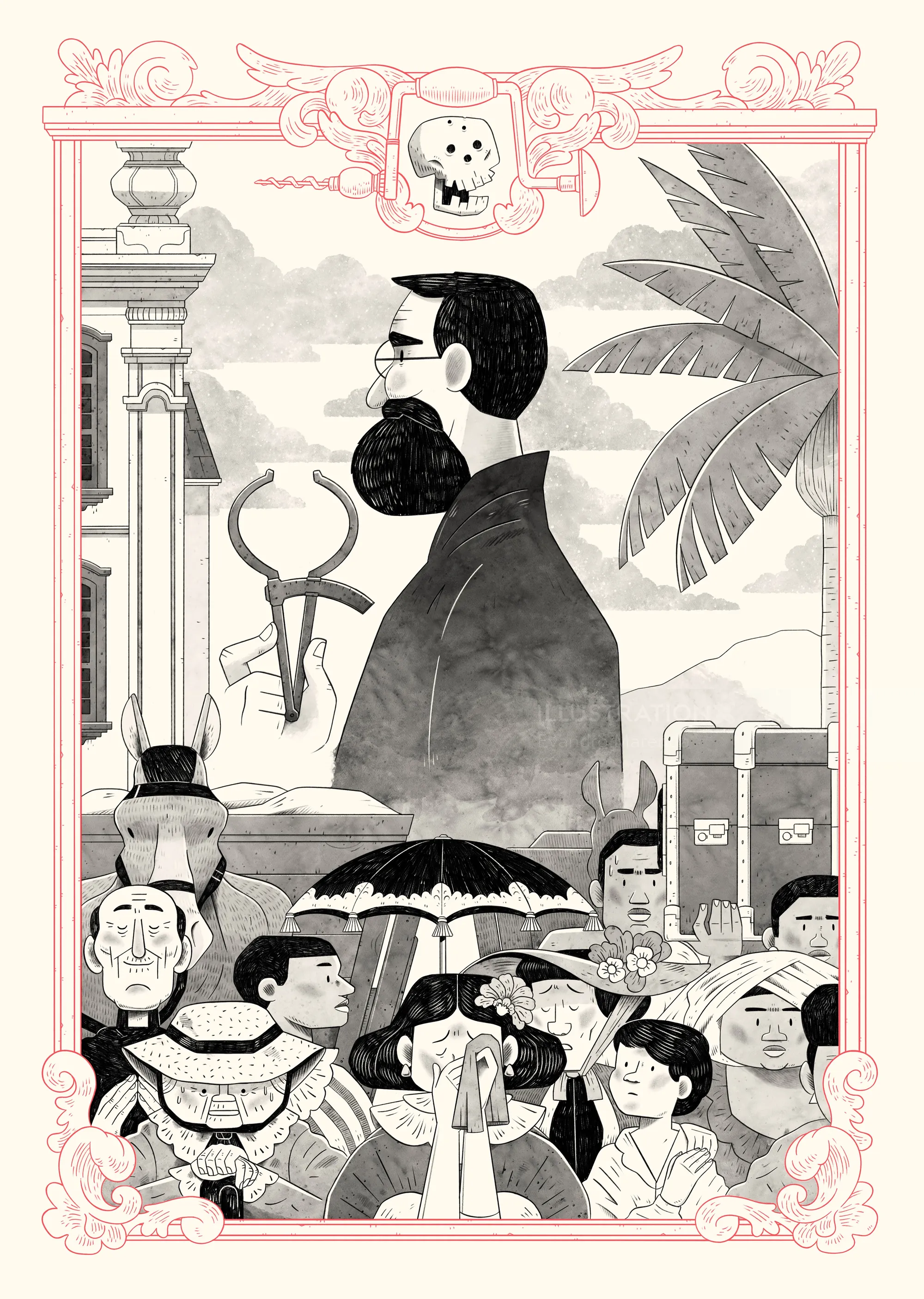 Black and white artwork of masked figures and people in traditional clothing with tropical leaves