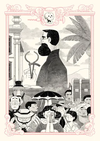 Black and white artwork of masked figures and people in traditional clothing with tropical leaves