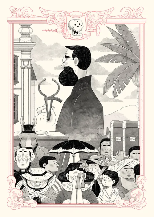Black and white artwork of masked figures and people in traditional clothing with tropical leaves