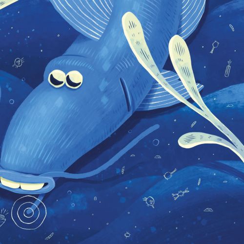 Illustration of a blue cartoon fish swimming underwater