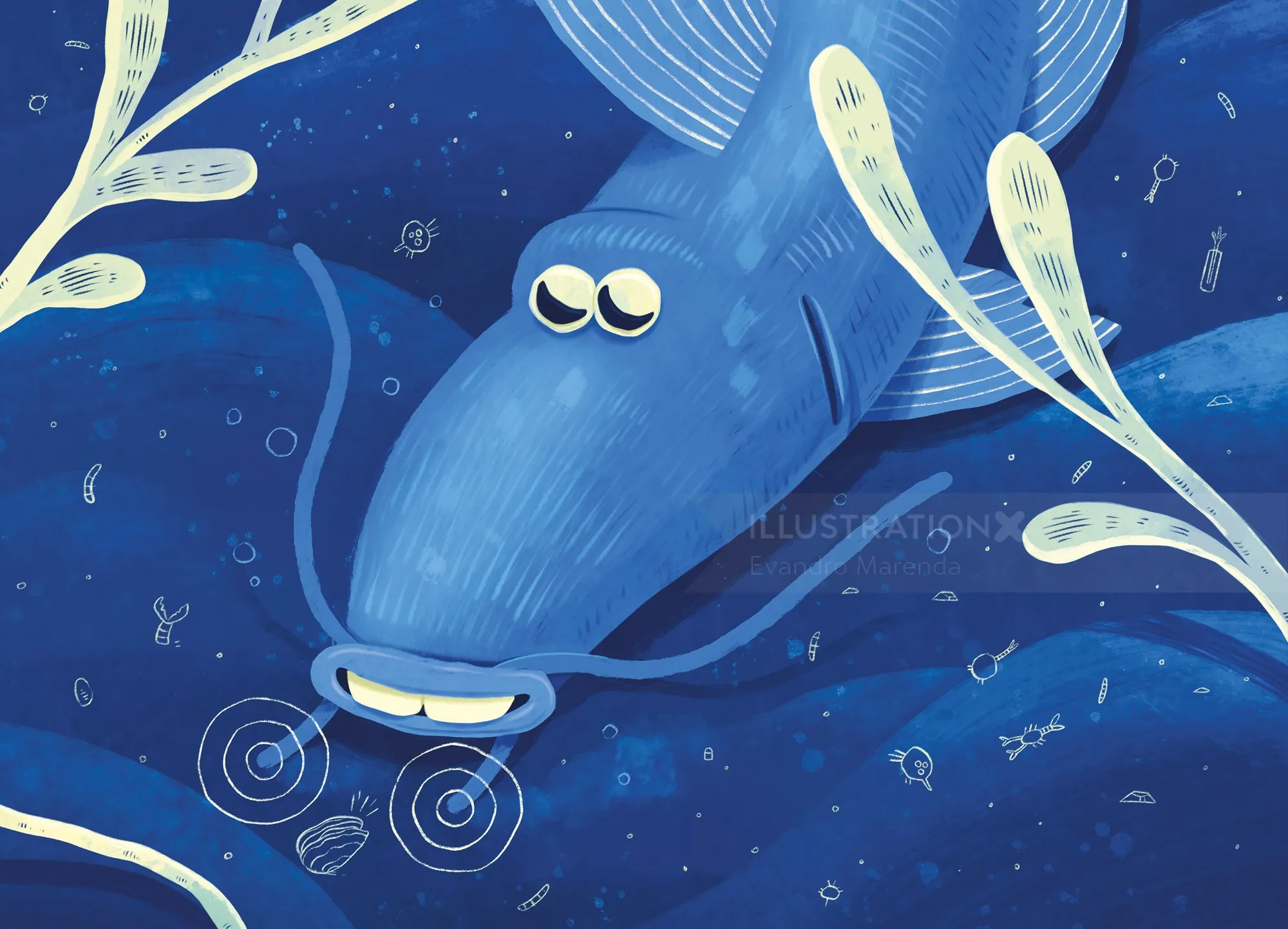 Illustration of a blue cartoon fish swimming underwater