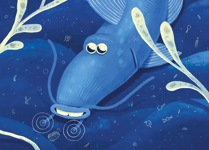 Illustration of a blue cartoon fish swimming underwater