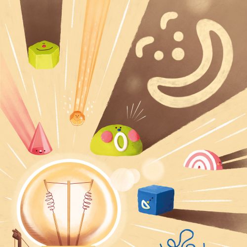 Light bulb with animated colorful shapes and faces around it