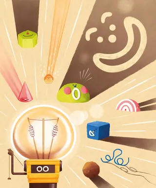 Light bulb with animated colorful shapes and faces around it