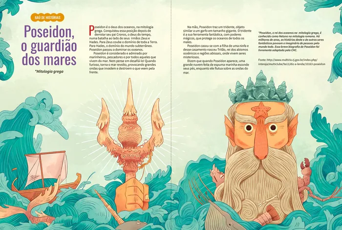 Poseidon, Greek sea god, holding a trident with waves and a ship